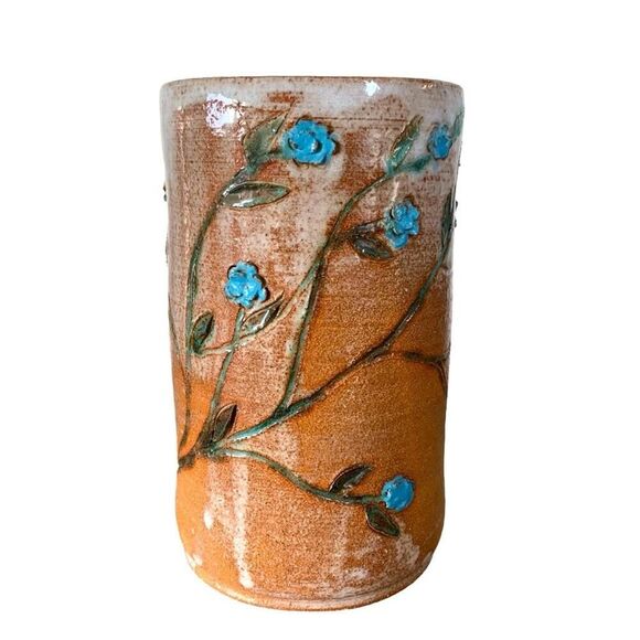Vintage Schau Pottery Clay Glazed Floral Handmade 3D Vase Terracotta Blue 7”H - Picture 2 of 12